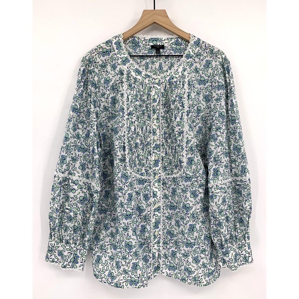 Talbots Shirt Womens 3X Green Blue Floral Cotton Lace Edge Button Up Ruffle